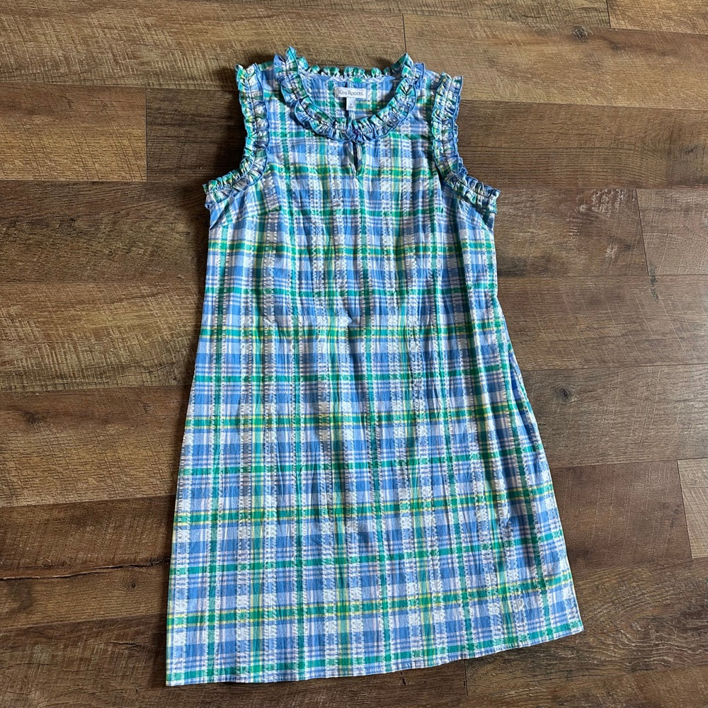 Women's Kim Rogers Plaid Ruffle Neck Sleeveless Dress S Blue Green